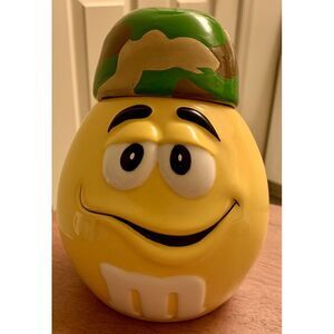 Vintage‎ Yellow Galerie MM Cookie Jar With Camo Hat- Can Be Worn Front Or Back